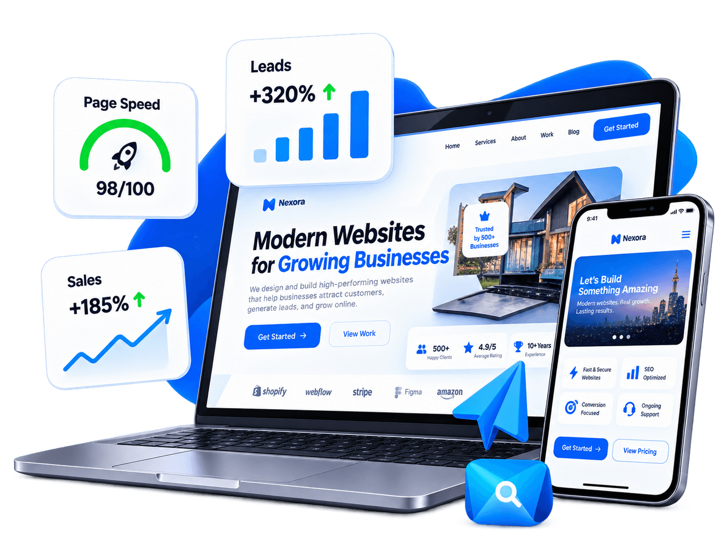 Website performance dashboard displayed on a laptop and mobile phone