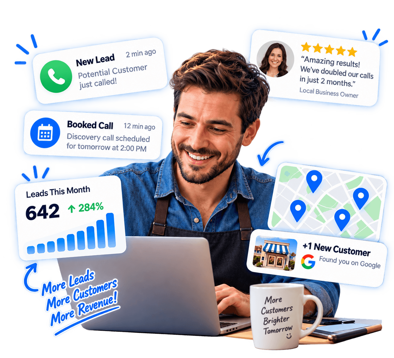 Local business owner celebrating new leads and customer growth